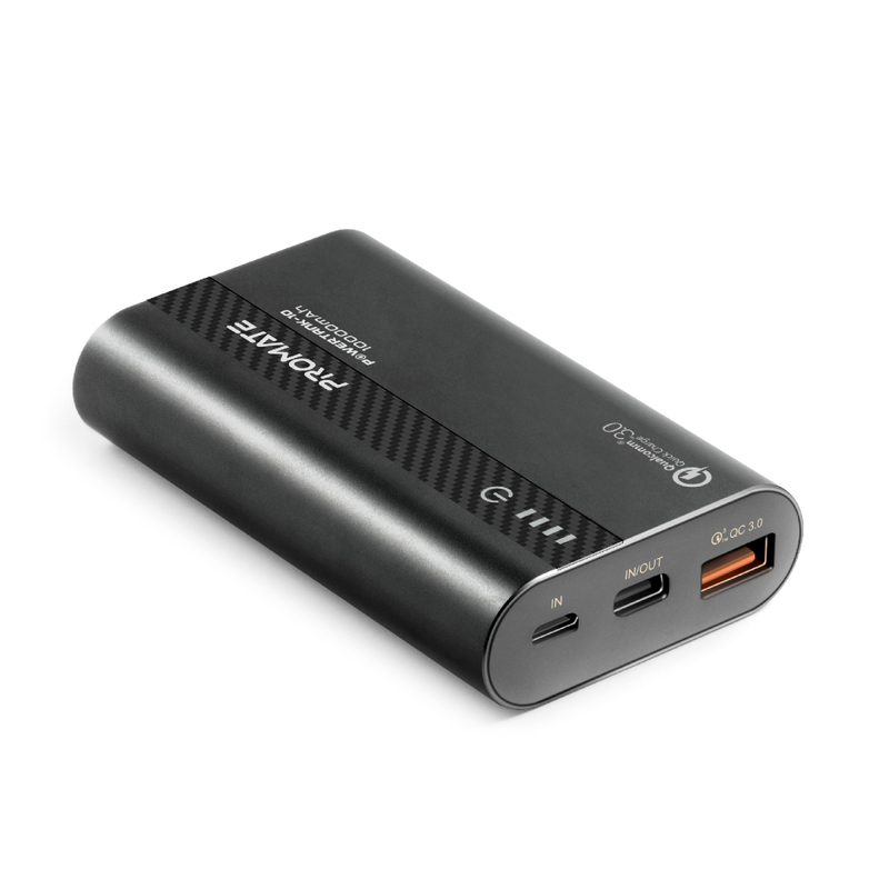 Promate 10000mAh PowerTank-10 USB-C Power Bank, Compact Palm Size 18W USB Type-C Input /Output Power Delivery External Battery Charger with QC 3.0 Port for iPhone XS /XS Max, Samsung S9/S9+, Black